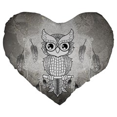 Wonderful Owl, Mandala Design Large 19  Premium Flano Heart Shape Cushions by FantasyWorld7