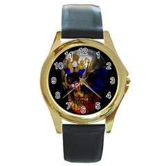 Russian Flag Skull Round Gold Metal Watch by Valentinaart