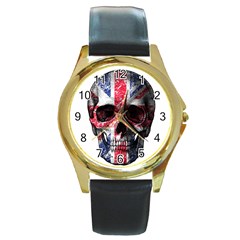 Uk Flag Skull Round Gold Metal Watch by Valentinaart