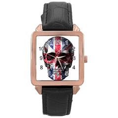 Uk Flag Skull Rose Gold Leather Watch  by Valentinaart