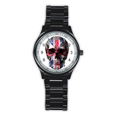 Uk Flag Skull Stainless Steel Round Watch by Valentinaart