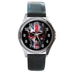 Uk Flag Skull Round Metal Watch by Valentinaart