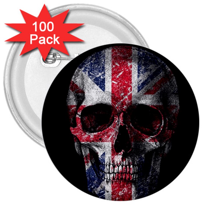 UK flag skull 3  Buttons (100 pack) 