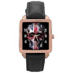 Uk Flag Skull Rose Gold Leather Watch  by Valentinaart