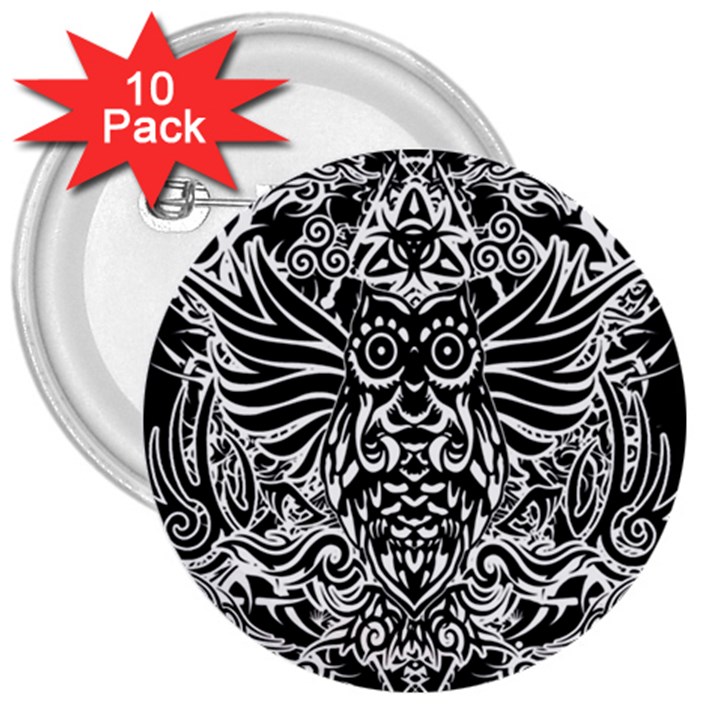 Tattoo tribal owl 3  Buttons (10 pack) 