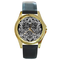 Tattoo Tribal Owl Round Gold Metal Watch by Valentinaart