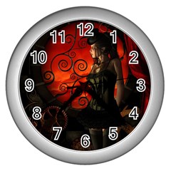 Steampunk, Wonderful Steampunk Lady In The Night Wall Clocks (silver)  by FantasyWorld7