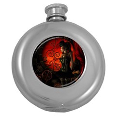 Steampunk, Wonderful Steampunk Lady In The Night Round Hip Flask (5 Oz) by FantasyWorld7