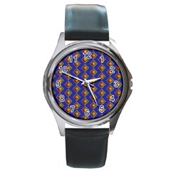 Blue Geometric Losangle Pattern Round Metal Watch