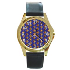 Blue Geometric Losangle Pattern Round Gold Metal Watch