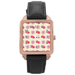 Yellow Floral Roses Pattern Rose Gold Leather Watch  by paulaoliveiradesign