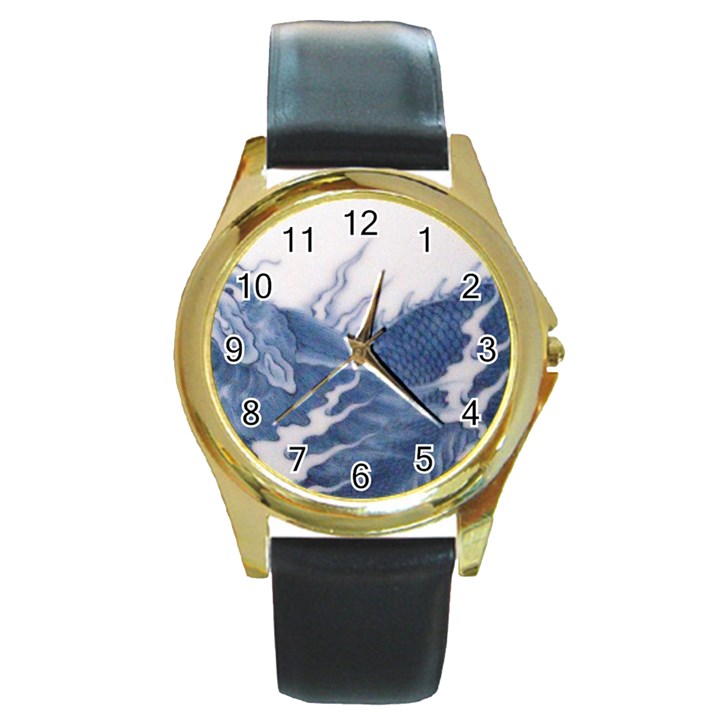 Blue Chinese Dragon Round Gold Metal Watch