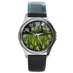 Green Grass Field Round Metal Watch by paulaoliveiradesign