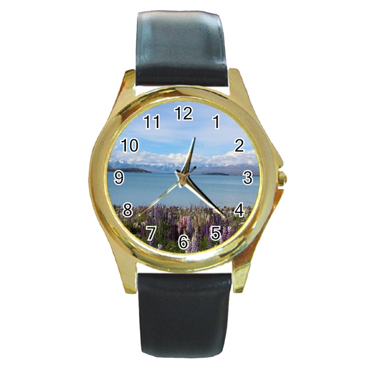 Lake Tekapo New Zealand Landscape Photography Round Gold Metal Watch