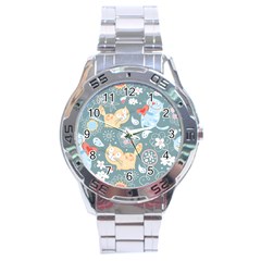 Cute Cat Background Pattern Stainless Steel Analogue Watch by BangZart