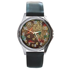 Art Traditional Flower  Batik Pattern Round Metal Watch