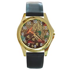 Art Traditional Flower  Batik Pattern Round Gold Metal Watch