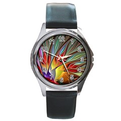 Fractal Bird Of Paradise Round Metal Watch by WolfepawFractals