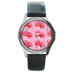 Pink Floral Pattern Round Metal Watch