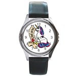 I love unicorns  Round Leather Watch (Silver Rim) Front