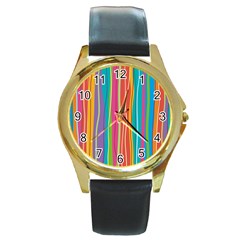 Colorful Striped Background Round Gold Metal Watch