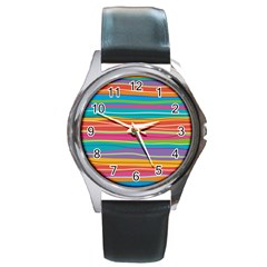 Colorful Horizontal Lines Background Round Metal Watch