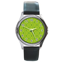 Decorative Green Pattern Background  Round Metal Watch by TastefulDesigns