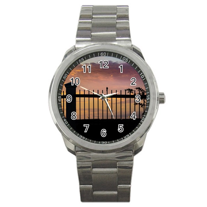 Small Bird Over Fence Backlight Sunset Scene Sport Metal Watch