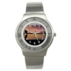 Small Bird Over Fence Backlight Sunset Scene Stainless Steel Watch by dflcprints