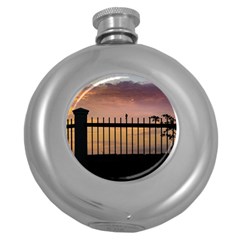 Small Bird Over Fence Backlight Sunset Scene Round Hip Flask (5 Oz) by dflcprints