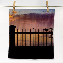 Small Bird Over Fence Backlight Sunset Scene Face Towel by dflcprints