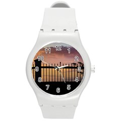 Small Bird Over Fence Backlight Sunset Scene Round Plastic Sport Watch (m) by dflcprints