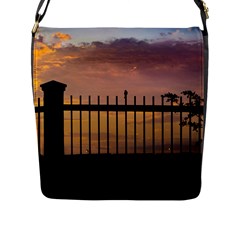 Small Bird Over Fence Backlight Sunset Scene Flap Messenger Bag (l)  by dflcprints