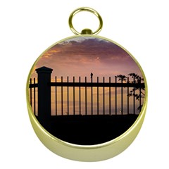 Small Bird Over Fence Backlight Sunset Scene Gold Compasses by dflcprints