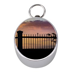 Small Bird Over Fence Backlight Sunset Scene Mini Silver Compasses by dflcprints