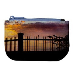 Small Bird Over Fence Backlight Sunset Scene Large Coin Purse by dflcprints