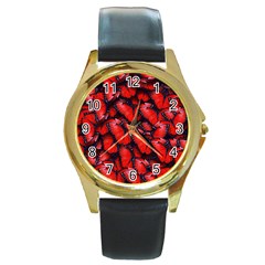 The Red Butterflies Sticking Together In The Nature Round Gold Metal Watch by BangZart