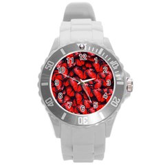 The Red Butterflies Sticking Together In The Nature Round Plastic Sport Watch (l) by BangZart