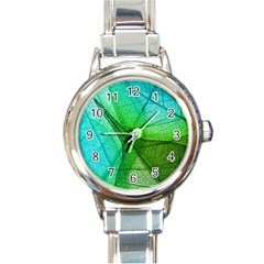 Sunlight Filtering Through Transparent Leaves Green Blue Round Italian Charm Watch by BangZart