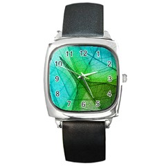 Sunlight Filtering Through Transparent Leaves Green Blue Square Metal Watch by BangZart