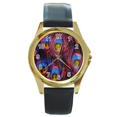 Pretty Peacock Feather Round Gold Metal Watch by BangZart