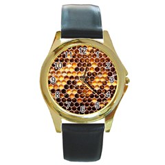 Honey Honeycomb Pattern Round Gold Metal Watch