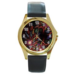 Fractal Swirls Round Gold Metal Watch by BangZart