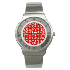 Cute Hamster Pattern Red Background Stainless Steel Watch by BangZart