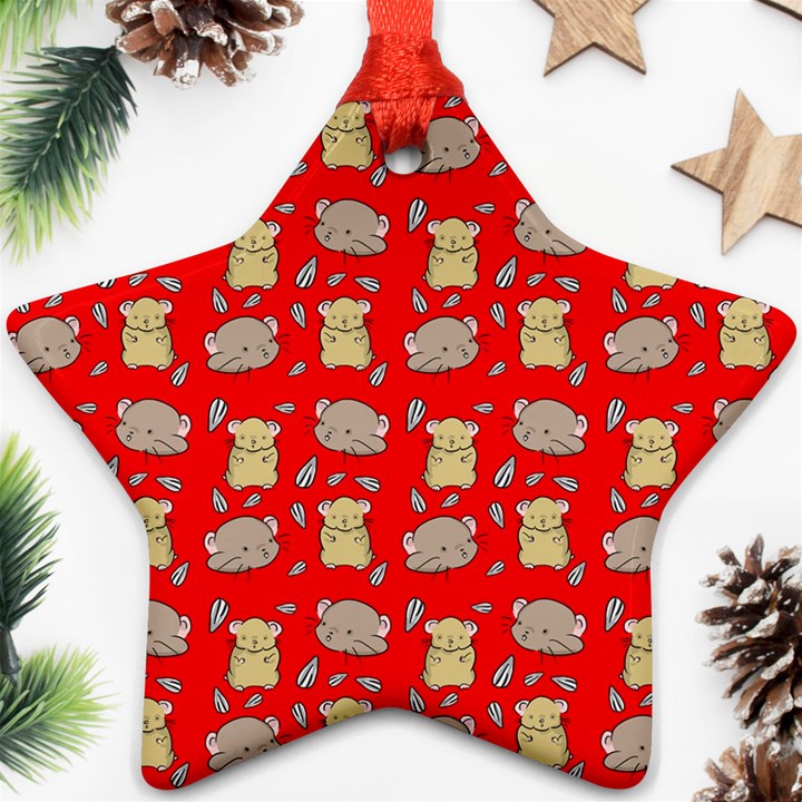 Cute Hamster Pattern Red Background Star Ornament (Two Sides)