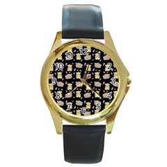 Cute Hamster Pattern Black Background Round Gold Metal Watch by BangZart