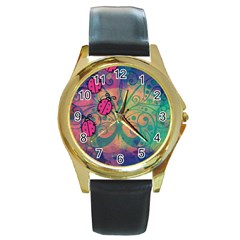 Background Colorful Bugs Round Gold Metal Watch by BangZart