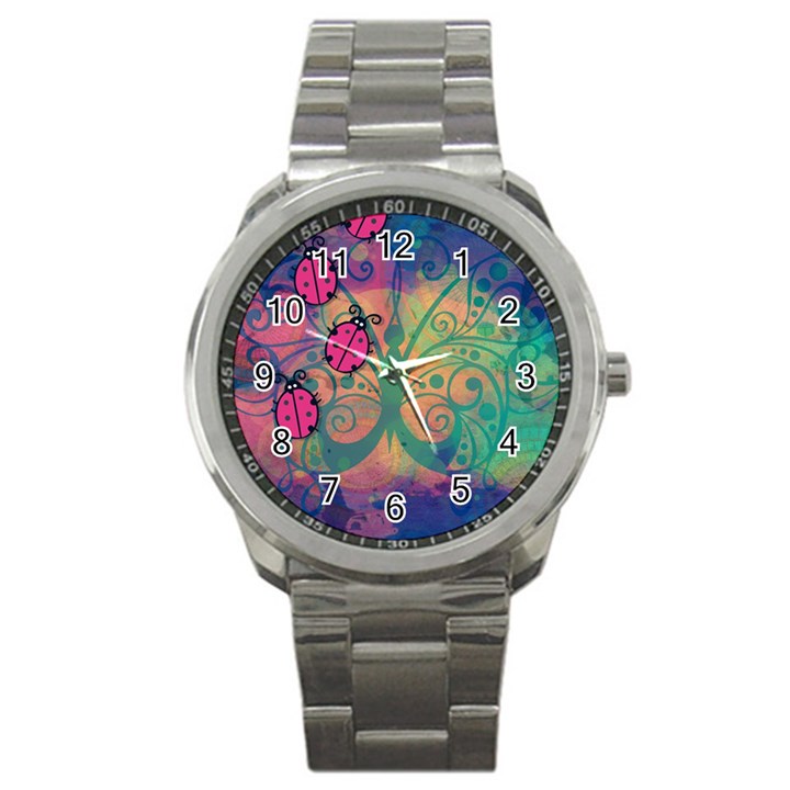 Background Colorful Bugs Sport Metal Watch