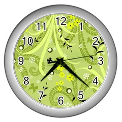 Flowers On A Green Background                            Wall Clock (silver) by LalyLauraFLM