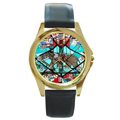 Elephant Stained Glass Round Gold Metal Watch by BangZart